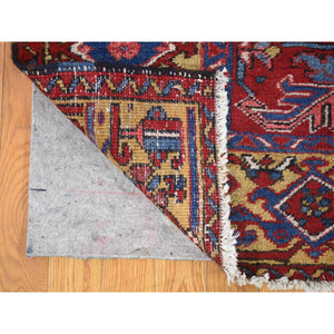 7'4"x9'9" Tomato Red With Gold, Antique Persian Heriz All Over Geometric Design, Pure Wool, Full Pile, Excellent Condition, Hand Knotted, Clean, Sides and Ends Professionally Secured, Oriental Rug FWR480414