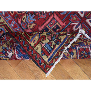7'4"x9'9" Tomato Red With Gold, Antique Persian Heriz All Over Geometric Design, Pure Wool, Full Pile, Excellent Condition, Hand Knotted, Clean, Sides and Ends Professionally Secured, Oriental Rug FWR480414