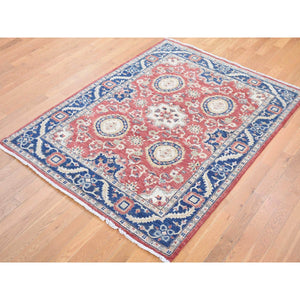 5'x6'6" Tomato Red, Peshawar Mahal Design with Soft Colors, Soft Wool Hand Knotted, Oriental Rug FWR480468