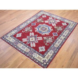 5'3"x7'1" Rich Red, Afghan Special Kazak with Geometric Design, Natural Dyes, Hand Knotted, Pure Wool Oriental Rug FWR480498