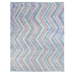 10'3"x13'2" Blue, Afghan Kilim with Geometric Design, Multicolor Flat Weave, Vertical Zig Zag Design, Vegetable Dyes, Pure Wool, Hand Knotted Oriental Rug FWR480510