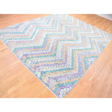 Load image into Gallery viewer, 10&#39;3&quot;x13&#39;2&quot; Blue, Afghan Kilim with Geometric Design, Multicolor Flat Weave, Vertical Zig Zag Design, Vegetable Dyes, Pure Wool, Hand Knotted Oriental Rug FWR480510