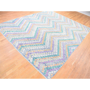 10'3"x13'2" Blue, Afghan Kilim with Geometric Design, Multicolor Flat Weave, Vertical Zig Zag Design, Vegetable Dyes, Pure Wool, Hand Knotted Oriental Rug FWR480510