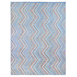 10'3'x13'3" Light Blue, Afghan Kilim with Geometric Design, Multicolor Vegetable Dyes Flat Weave Vertical Zig Zag Design, Hand Knotted Pure Wool Oriental Rug FWR480516