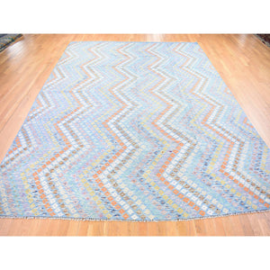 10'3'x13'3" Light Blue, Afghan Kilim with Geometric Design, Multicolor Vegetable Dyes Flat Weave Vertical Zig Zag Design, Hand Knotted Pure Wool Oriental Rug FWR480516