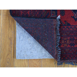 2'9"x9'8" Deep and Saturated Red Geometric Afghan Andkhoy, Pure Wool, Hand Knotted Runner Oriental Rug FWR480648