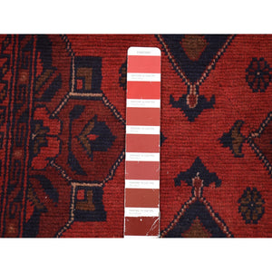 2'9"x9'8" Deep and Saturated Red Geometric Afghan Andkhoy, Pure Wool, Hand Knotted Runner Oriental Rug FWR480648