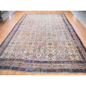 13'10"x19'5" Beige, Handmade Antique Persian Mahal, Areas of Wear, Sides and Ends Professionally Secured, Pure Wool, Oversized Oriental Rug FWR480696