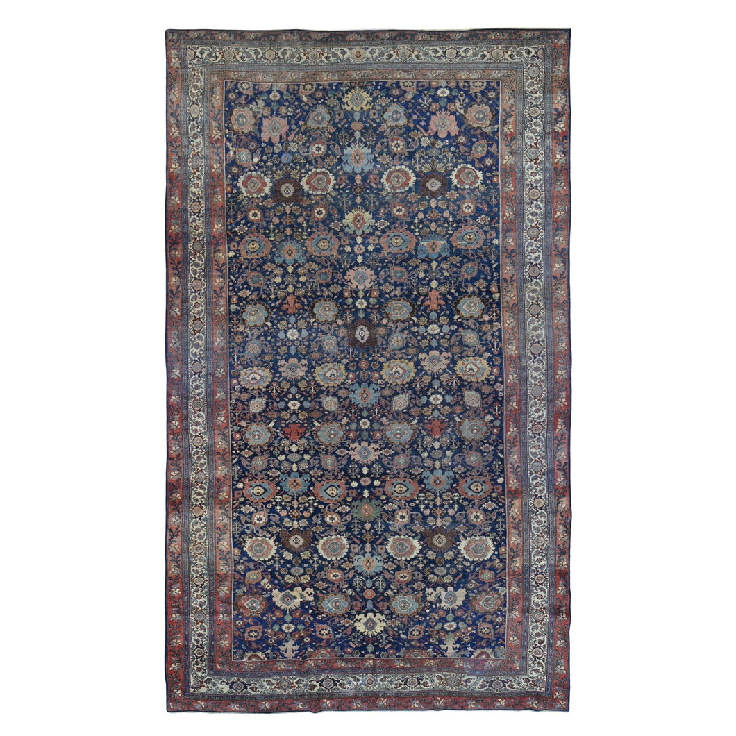 11'x19' Navy Blue, Antique Persian Bijar, Even Wear, Clean, Sides and Ends Professionally Secured, Pure Wool, Hand Knotted Oversized Oriental Rug FWR480702