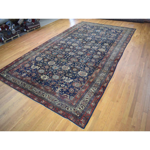 11'x19' Navy Blue, Antique Persian Bijar, Even Wear, Clean, Sides and Ends Professionally Secured, Pure Wool, Hand Knotted Oversized Oriental Rug FWR480702