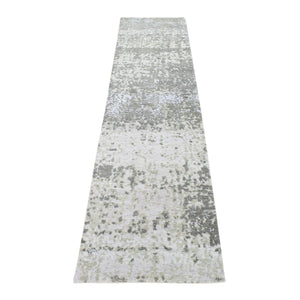 2'6"x10'4" Gray, Modern Abstract Design, Denser Weave, Hand Knotted Pure Wool Runner Oriental Rug FWR480738
