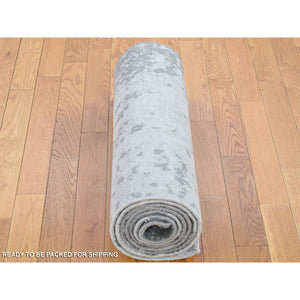 2'6"x10'4" Gray, Modern Abstract Design, Denser Weave, Hand Knotted Pure Wool Runner Oriental Rug FWR480738