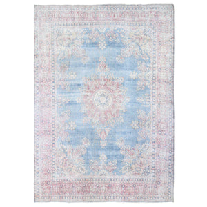 10'x12'10" Blue, Vintage Persian Kerman Cropped Thin, Distressed Look Worn Wool Hand Knotted, Oriental Rug FWR480834