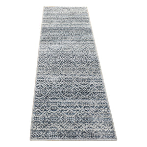 2'8"x8'2" Navy Blue, Modern Damask Design Hand Knotted, Tone on Tone Textured Wool and Pure Silk, Runner Oriental Rug FWR480900