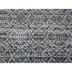 2'8"x8'2" Navy Blue, Modern Damask Design Hand Knotted, Tone on Tone Textured Wool and Pure Silk, Runner Oriental Rug FWR480900