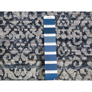 2'8"x8'2" Navy Blue, Modern Damask Design Hand Knotted, Tone on Tone Textured Wool and Pure Silk, Runner Oriental Rug FWR480900
