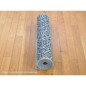 2'8"x8'2" Navy Blue, Modern Damask Design Hand Knotted, Tone on Tone Textured Wool and Pure Silk, Runner Oriental Rug FWR480900