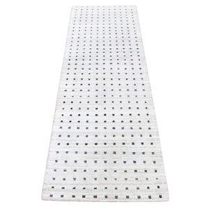 2'7"x8'1" Ivory, Pure Silk with Textured Wool Hand Knotted, Modern with Squares Design, Runner Oriental Rug FWR480924