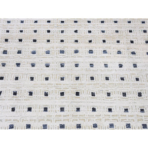 2'7"x8'1" Ivory, Pure Silk with Textured Wool Hand Knotted, Modern with Squares Design, Runner Oriental Rug FWR480924