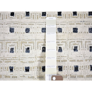 2'7"x8'1" Ivory, Pure Silk with Textured Wool Hand Knotted, Modern with Squares Design, Runner Oriental Rug FWR480924