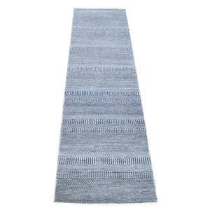 2'7"x14'1" Charcoal Black, Modern Grass Design Gabbeh, Densely Woven ?Hand Knotted Wool and Silk, Runner Oriental Rug FWR480984