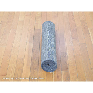 2'8"x10' Charcoal Black with Toppings of Gold, Hand Knotted Wool and Silk, Modern Grass Design Gabbeh Densely Woven, Runner Oriental Rug FWR480996