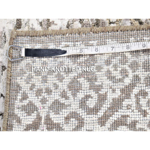 2'8"x8'2" Coffee Brown, Modern Damask Arabesque Design, Hand Knotted Wool and Silk, Runner Oriental Rug FWR481104