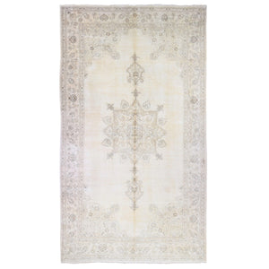 9'9"x17'6" Vanilla Cream, Vintage Tabriz with Serrated Medallion Design, Full Pile Hand Knotted Pure Wool, Wide Gallery Size Oriental Rug FWR481344