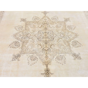 9'9"x17'6" Vanilla Cream, Vintage Tabriz with Serrated Medallion Design, Full Pile Hand Knotted Pure Wool, Wide Gallery Size Oriental Rug FWR481344