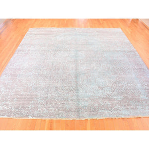 12'x12' Gray-Sea Foam Green, Broken Persian Design with Faded Out Colors, Hand Knotted Wool and Silk, Square Oriental Rug FWR481350