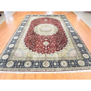 12'1"x18'1" Red, Kashan with Large Medallion Design, 250 KPSI Silken Hand Knotted, Oversized Oriental Rug FWR481404