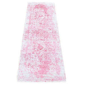 2'6"x7'9" Hot Pink, Broken Persian Design Tone on Tone, Wool and Pure Silk Hand Knotted, Runner Oriental Rug FWR481512