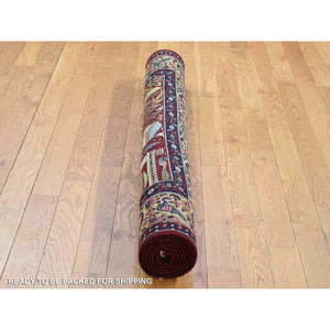 4'1"x6' Burgundy Red, Vintage Persian Qom with Hunting Design, 300 KPSI Wool and Silk Hand Knotted, Oriental Rug FWR481752