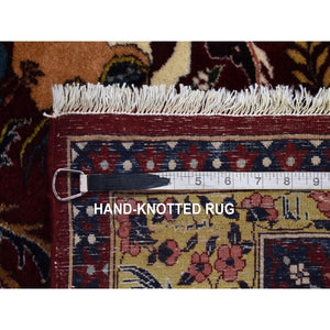 4'1"x6' Burgundy Red, Vintage Persian Qom with Hunting Design, 300 KPSI Wool and Silk Hand Knotted, Oriental Rug FWR481752