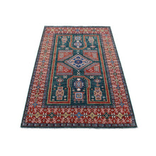 Load image into Gallery viewer, 5&#39;4&quot;x7&#39;9&quot; Dark Green, Afghan Super Kazak with Geometric Caucasian Design, Hand Knotted Pure Wool Oriental Rug FWR481914