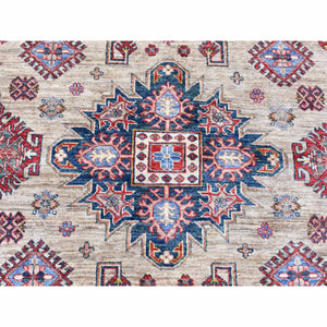 8'4"x10'2" Camel Color, Afghan Super Kazak with Geometric Design, Shiny and Vibrant Wool, Hand Knotted Oriental Rug FWR481938