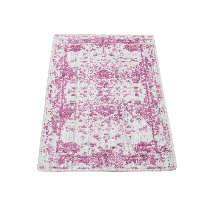 2'x3' Pink, Fine Jacquard Natural Dyes, Hand Loomed Wool and Plant Based Silk, Mat Oriental Rug FWR481992