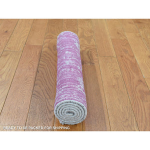 2'x3' Pink, Fine Jacquard Natural Dyes, Hand Loomed Wool and Plant Based Silk, Mat Oriental Rug FWR481992