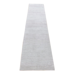 2'6"x11'3" Light Gray with Touches of Pink, Modern Grass Design Gabbeh Densely Woven, Wool and Silk Hand Knotted, Runner Oriental Rug FWR482028