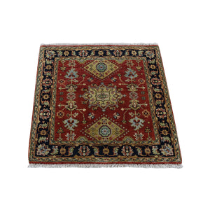 3'1"x3'1" Red and Black, Hand Knotted Karajeh Design with Tribal Medallions, Organic Wool, Square Oriental Rug FWR482088