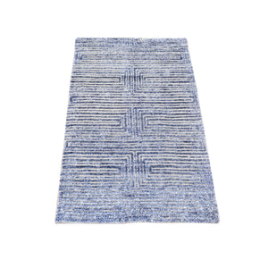 2'x3' Denim Blue, Modern Design, Textured Wool with Raised Silk Hand Knotted, Mat Oriental Rug FWR482136