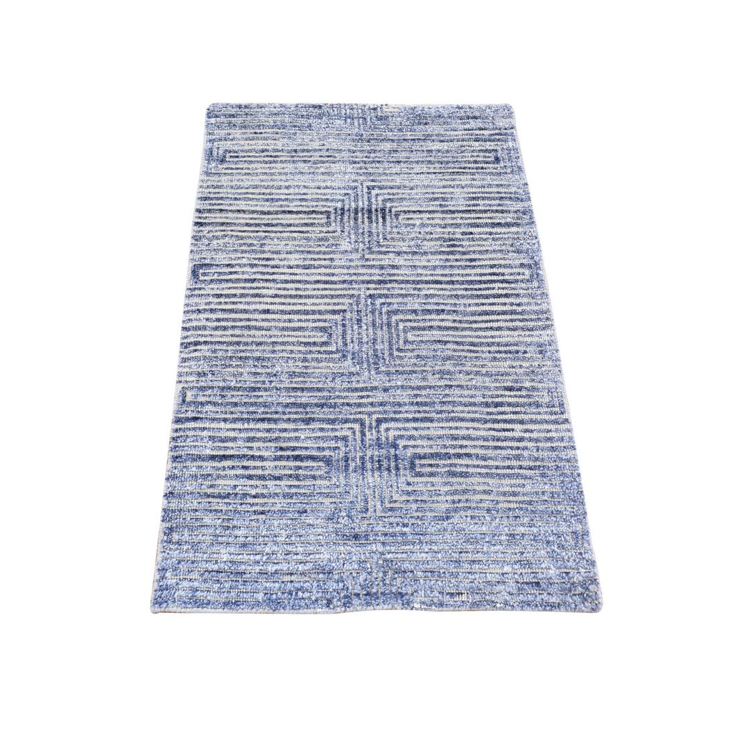 2'x3' Denim Blue, Modern Design, Textured Wool with Raised Silk Hand Knotted, Mat Oriental Rug FWR482136