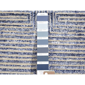 2'x3' Denim Blue, Modern Design, Textured Wool with Raised Silk Hand Knotted, Mat Oriental Rug FWR482136
