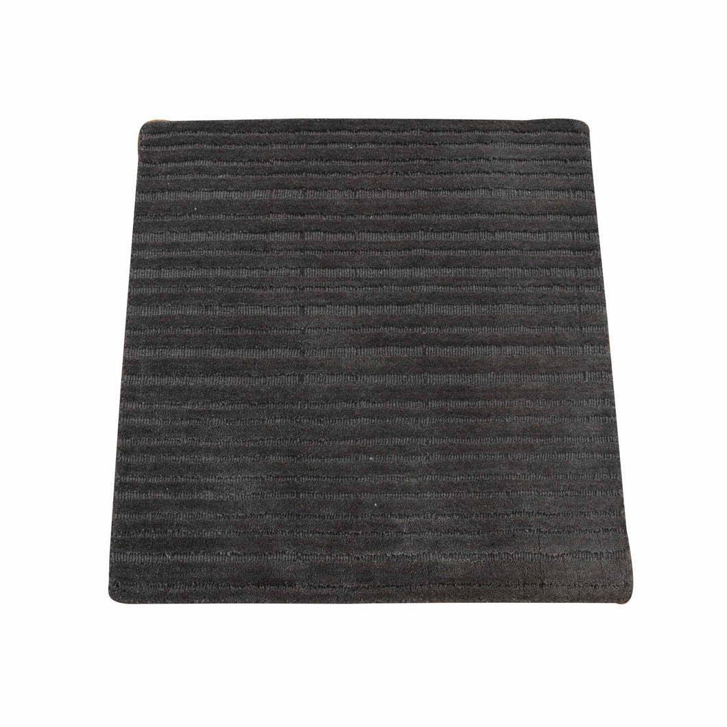 2'x2' Black, Modern Design, Hi and Lo, Textured Wool, Hand Loomed, Sample Fragment, Mat Oriental Rug FWR482166