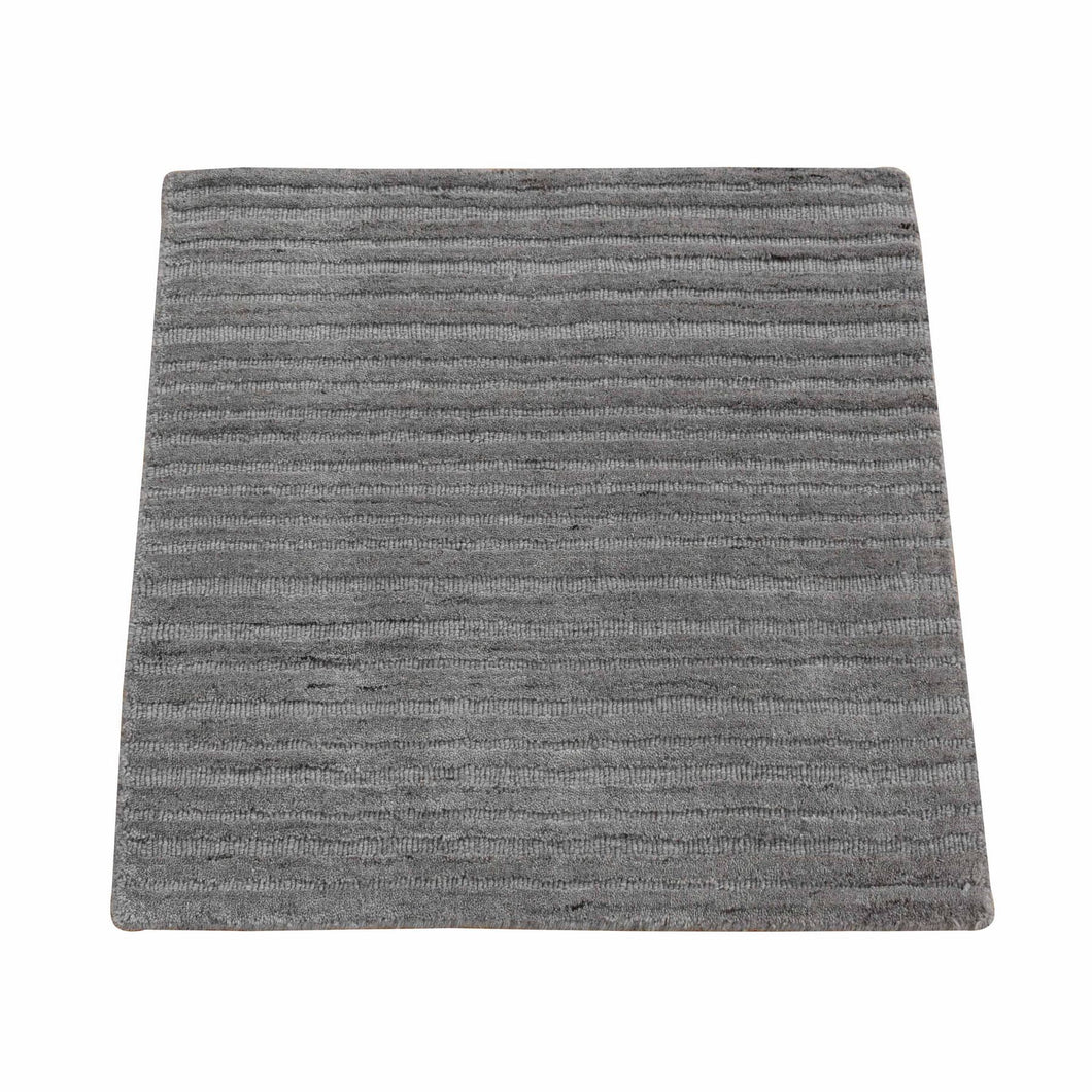 2'x2' Gray, Hi and Lo, Textured Wool, Modern Design, Hand Loomed, Sample Fragment, Mat Oriental Rug FWR482172