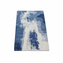 Load image into Gallery viewer, 2&#39;x3&#39; Ivory-Denim Blue, 100% Wool, Hand Knotted, Modern Abstract Design, Mat Oriental Rug FWR482202
