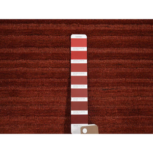 2'1"x2'1" Deep Red, Hand Loomed, Modern Stripe Design, Textured, 100% Wool, Sample Fragment, Mat, Oriental Rug FWR482214