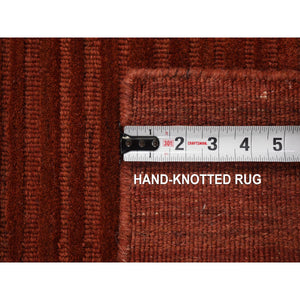 2'1"x2'1" Deep Red, Hand Loomed, Modern Stripe Design, Textured, 100% Wool, Sample Fragment, Mat, Oriental Rug FWR482214