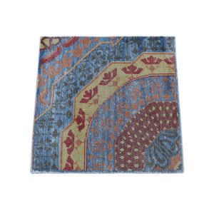 2'1"x2'1" Denim Blue, Zero Pile, Mamluk, 100% Wool, Shaved Low, Hand Knotted, Sample Fragment, Square Oriental Rug FWR482220