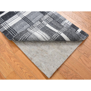 1'10"x2'10" Charcoal Gray, Modern Plaid Design, Hand Loomed, 100% Wool, Mat Oriental Rug FWR482232